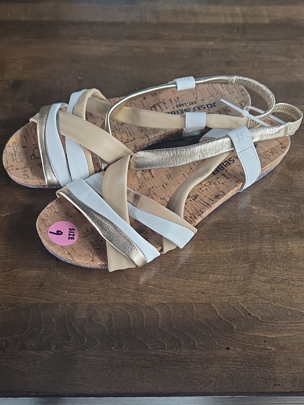 Josef Seibel Size 9 Women’s Cork Slingback Sandals White Gold Leather Sandals